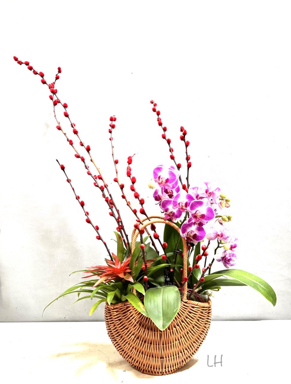 紅華(Kōka): Red Splendor Ikebana arrangement with red Pussy Willow, orchids, and woven rattan basket